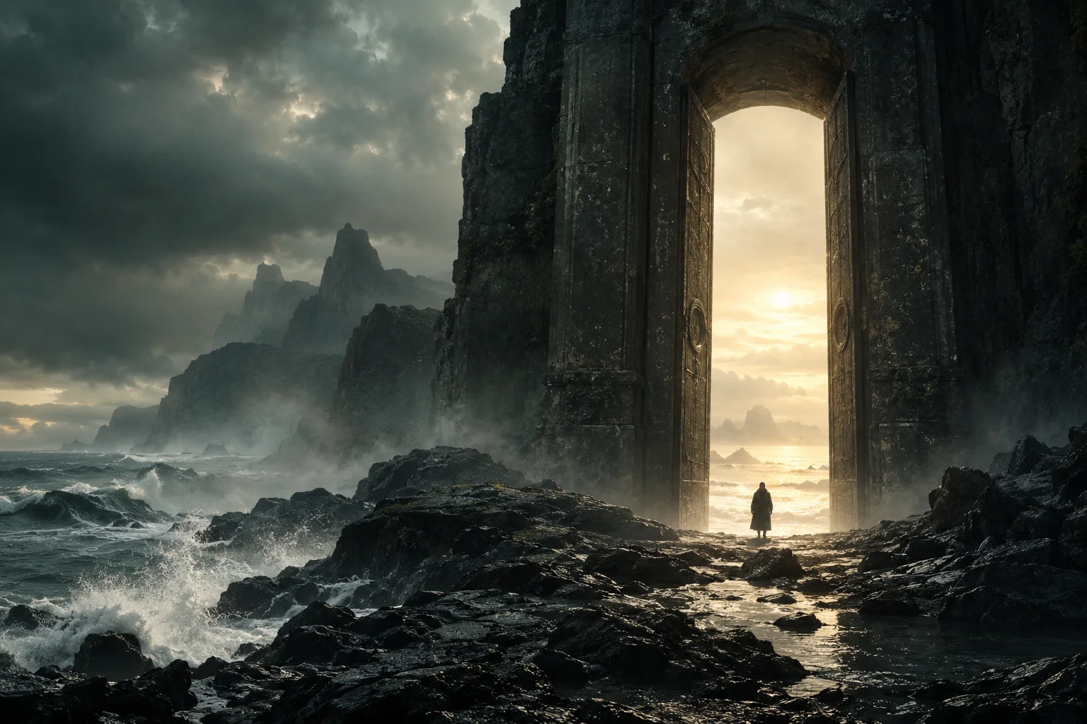 Imagined monumental doorway on a rocky shore, opening onto a golden horizon